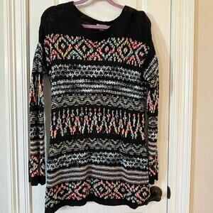 Multi Color Tunic Sweater - black, blue, hot pink, neon orange - EUC - L